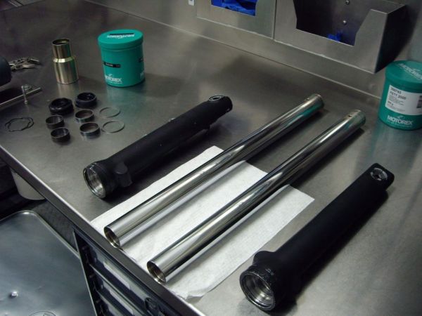 My machined fork tube parts ready for reassembly using the Traxxion AK-20 kit
