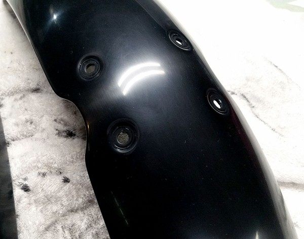 Close up of front fender after wet sanding with 3200 3M Trizact and then 5000 3M Trizact. Compare with starting photo!
