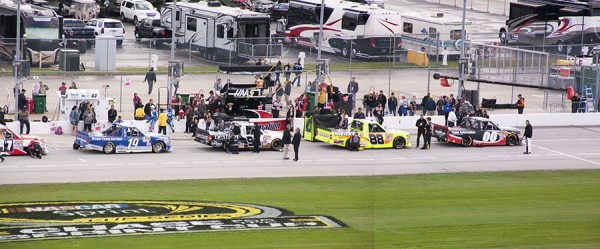 The trucks are lined up in order of past qualifying laps.